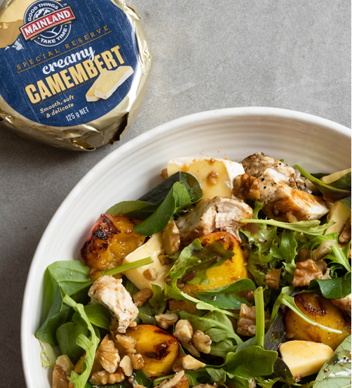 Grilled nectarine, chicken and camembert salad 